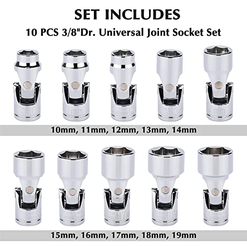 EMENTOL 10PCS 3/8" Drive Universal Joint Socket Set, 6 Point, Metric Universal Flex Socket Set, CR-V, Swivel Head, 10mm - 19mm - Image 2