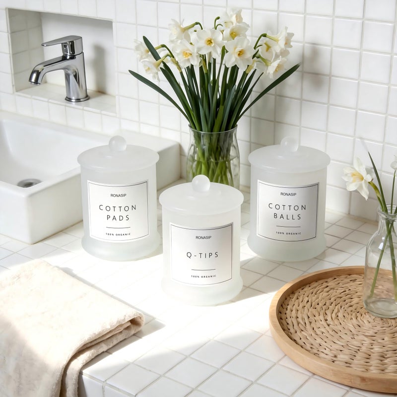 Ronasip 3 Pack Qtip Holder Dispenser, 16oz Bathroom Organizer and Storage Canisters, Glass Apothecary Jars with Lid - Home Decor, Room Decor Aesthetic (Frosted White) - Image 2