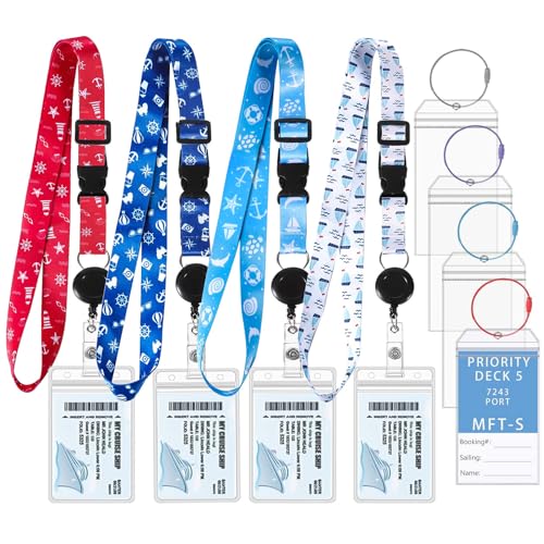 Prudiut 4 Pack Cruise Lanyard for Cruise Ship Cards, Retractable Lanyards with 4 Pcs Luggage Tags & Waterproof Id Badge Holder (Classic Style) - Image 1