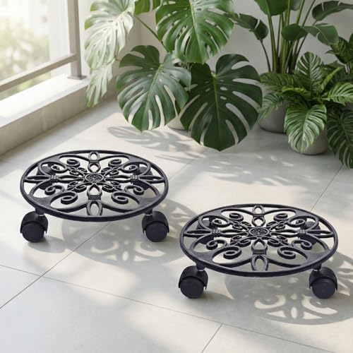 ecofynd SpinX Round Metal Plant Stand for Indoor & Outdoor Pots, Caddy Rolling Wheels Metal Potted Plant Holder for House, Garden & Patio (Pack of 2, Black, PS015) - Image 1