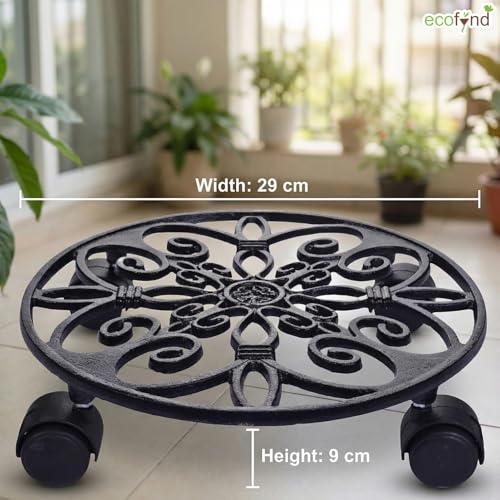 ecofynd SpinX Round Metal Plant Stand for Indoor & Outdoor Pots, Caddy Rolling Wheels Metal Potted Plant Holder for House, Garden & Patio (Pack of 2, Black, PS015) - Image 2