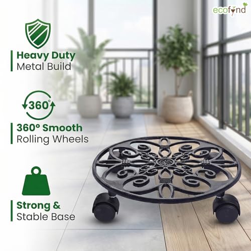 ecofynd SpinX Round Metal Plant Stand for Indoor & Outdoor Pots, Caddy Rolling Wheels Metal Potted Plant Holder for House, Garden & Patio (Pack of 2, Black, PS015) - Image 3