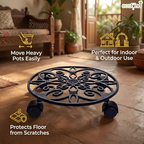 ecofynd SpinX Round Metal Plant Stand for Indoor & Outdoor Pots, Caddy Rolling Wheels Metal Potted Plant Holder for House, Garden & Patio (Pack of 2, Black, PS015) - Image 4