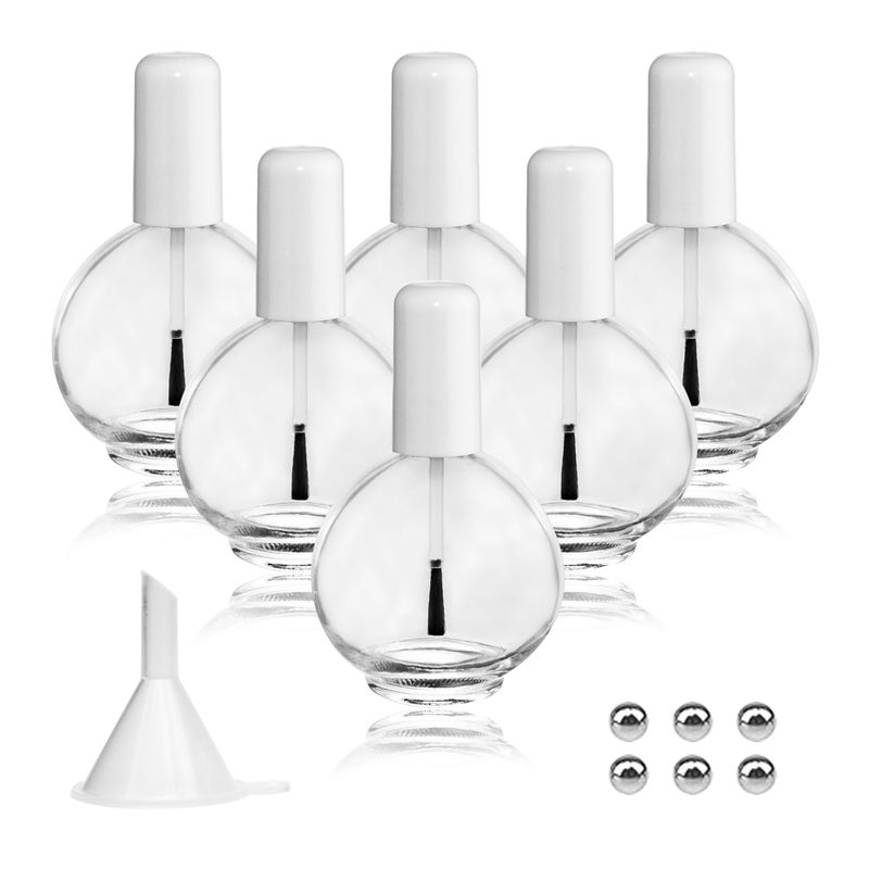 6PCS Large Capacity 75ML Empty Nail Polish Bottles with Brush Large Spherical Refillable Glass Cuticle Oil Bottles Containers with Funnel Mixing Balls 26oz for DIY Nail Art Cuticle Oils White