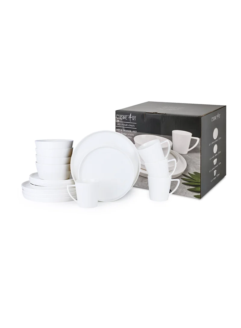 كويزين أرت Cuisine Art Aden Bone China Dinner Set for Every Meals - White 16 Pieces | 4 Dinner Plates (Dia 25.3cm) 4 Side Plates, 4 Bowls (Dia14.5xH1.8cm) 4 Mugs | Elegant Plates for Everyday Dining