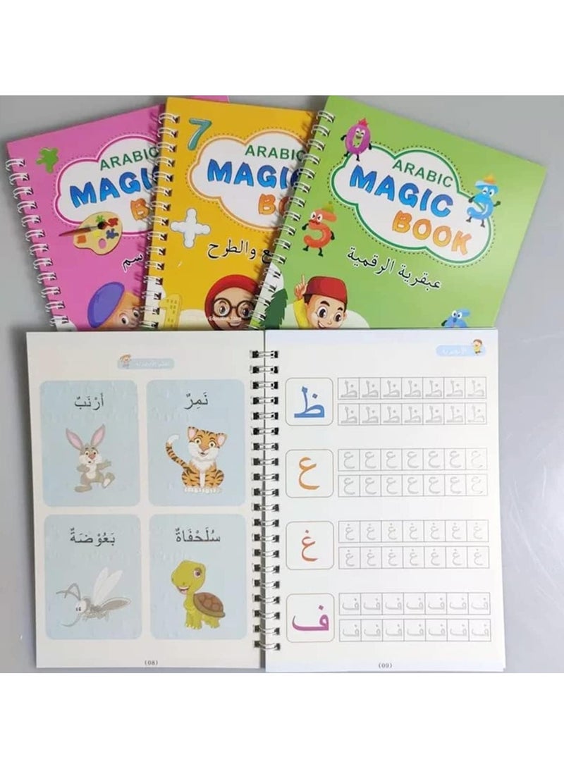VUCATIN 4 قطع من دفاتر ممارسة السحر العربي A5 للأطفال بخط اليد، دفتر تتبع بالحبر السحري القابل لإعادة الاستخدام لمرحلة ما قبل المدرسة، دفتر رسم أبجدي مع عبوات إعادة تعبئة/مصححات قبضة، لوازم تعليمية - Image 4