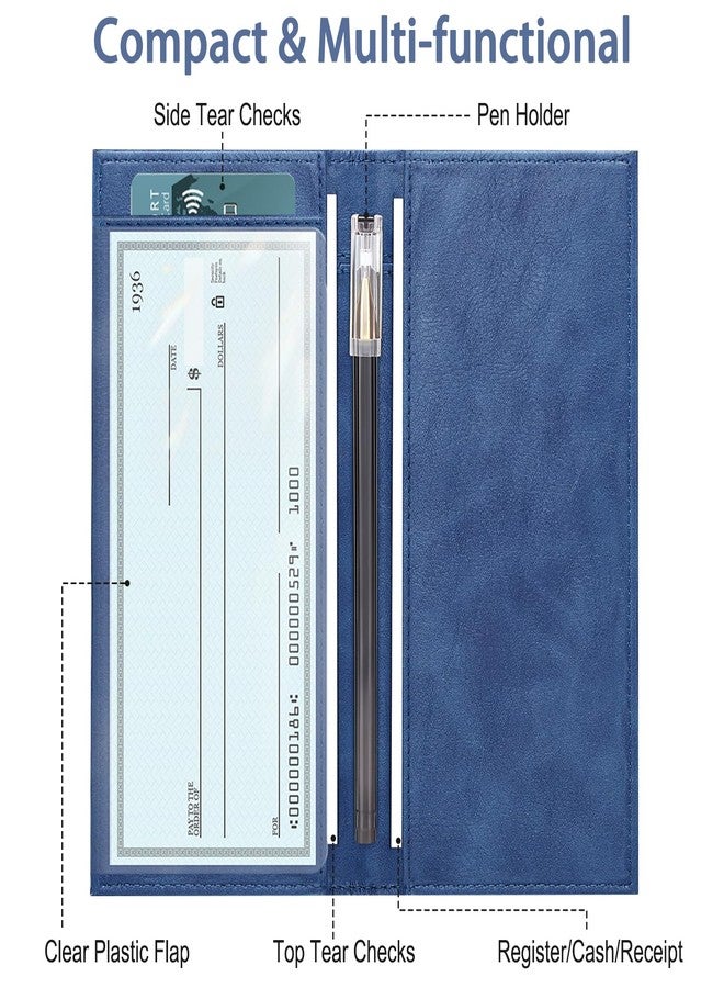 LLi Cufite Leather Checkbook Cover for Top & Side Tear Registers Duplicate Checks with Plastic Insert Flap Card Holder Pen Hoop Slim Wallet for Men Women, Cobalt, 7.01 x 3.50 x 0.3 inches, Classic - Image 2