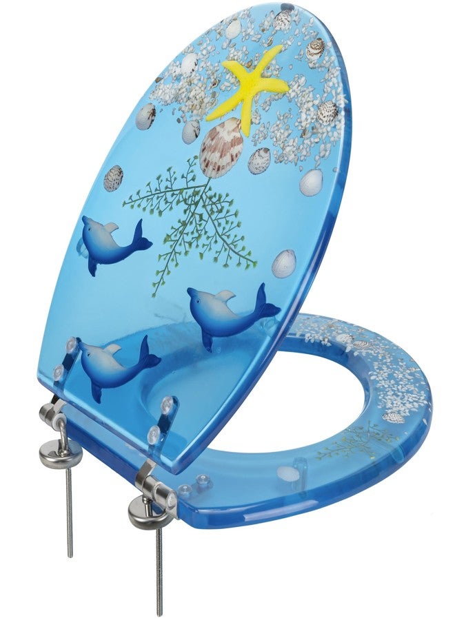 PREMIUS Polyresin Ocean Life Dolphins Toilet Seat By PREMIUS, Standard Round, 17 Inches, Clear-Blue, Ocean Theme with Unique Dolphins & Real Sea Shells Design, Comfortable & Stylish, Stainless Steel Hinges - Image 1