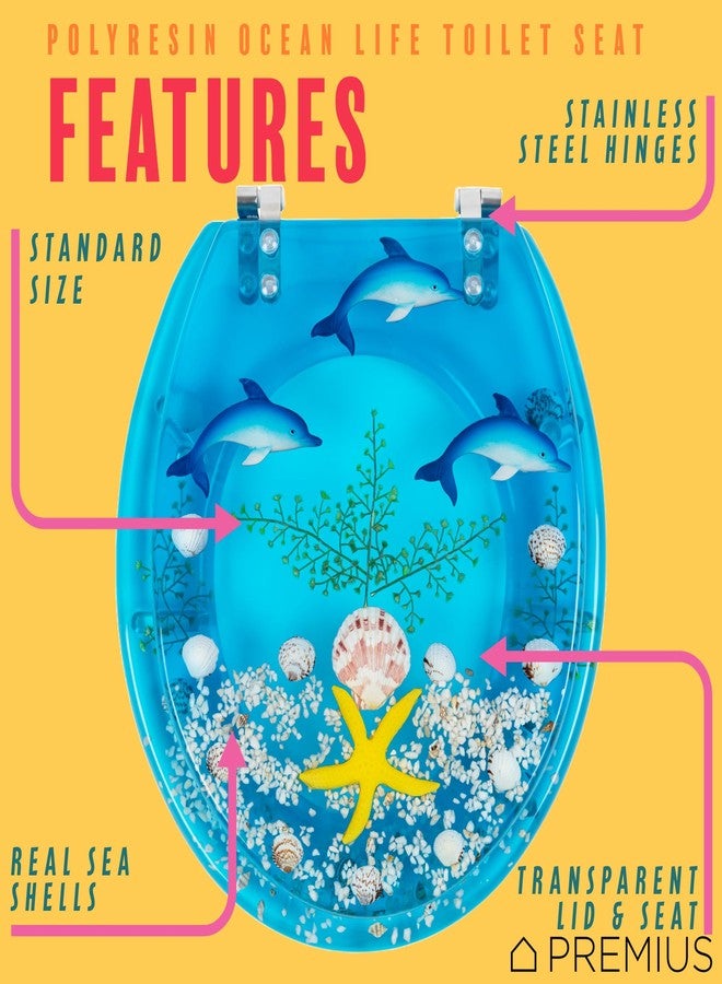 PREMIUS Polyresin Ocean Life Dolphins Toilet Seat By PREMIUS, Standard Round, 17 Inches, Clear-Blue, Ocean Theme with Unique Dolphins & Real Sea Shells Design, Comfortable & Stylish, Stainless Steel Hinges - Image 2