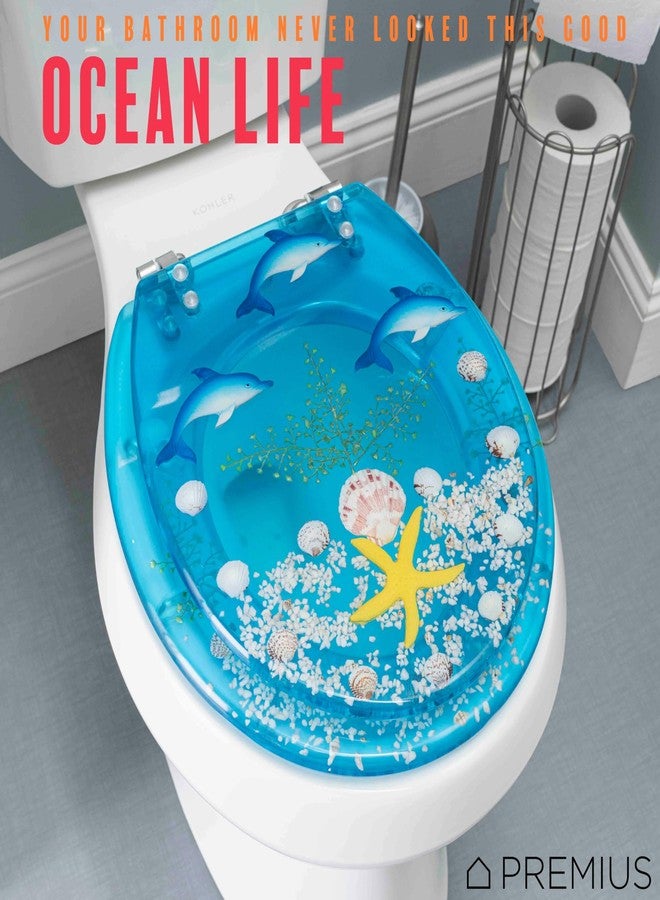 PREMIUS Polyresin Ocean Life Dolphins Toilet Seat By PREMIUS, Standard Round, 17 Inches, Clear-Blue, Ocean Theme with Unique Dolphins & Real Sea Shells Design, Comfortable & Stylish, Stainless Steel Hinges - Image 3