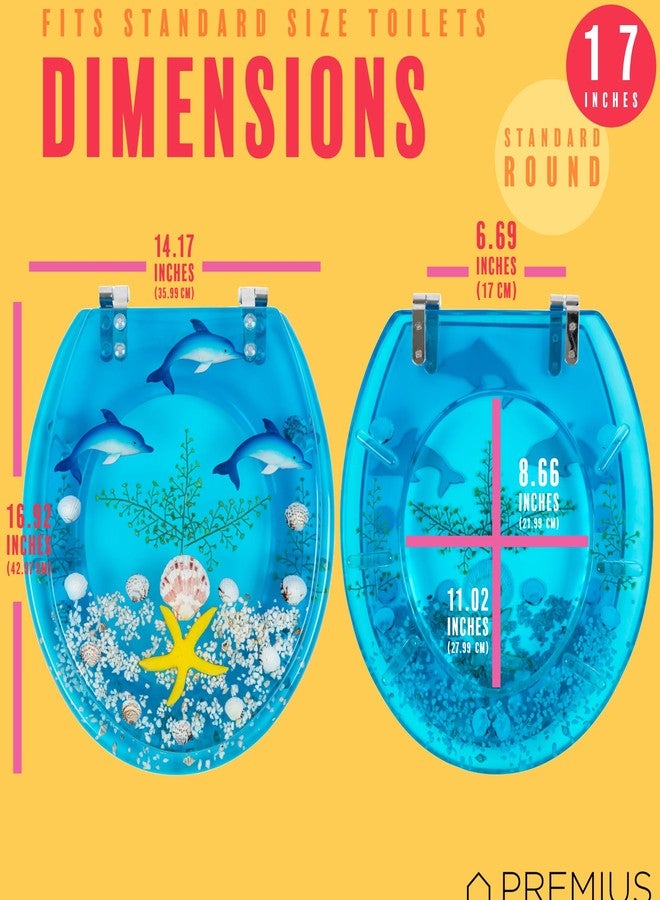 PREMIUS Polyresin Ocean Life Dolphins Toilet Seat By PREMIUS, Standard Round, 17 Inches, Clear-Blue, Ocean Theme with Unique Dolphins & Real Sea Shells Design, Comfortable & Stylish, Stainless Steel Hinges - Image 5