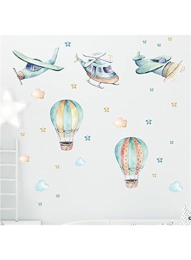 Cartoon Animal Wall Decals Aircraft Helicopter Hot Air Balloon Wall Stickers for Boys Room Baby Nursery Room Kindergarten Decoration Kids Bedroom Decals PVC Murals Living Room Wallpaper - Image 1