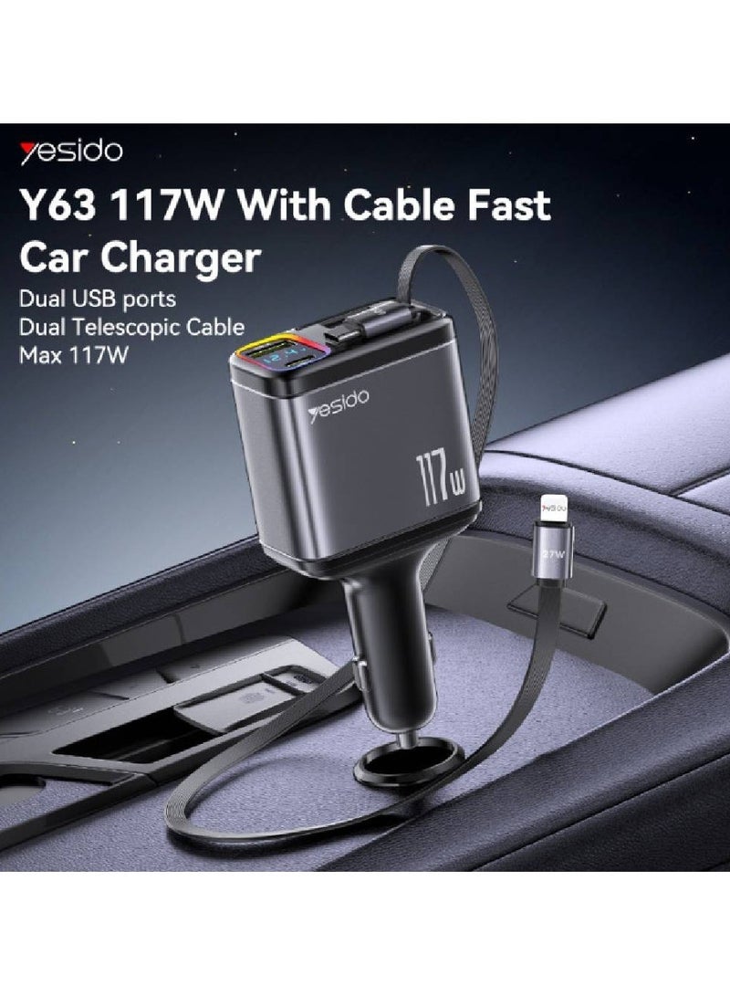 Yesido Y63 117W Fast Charging Car Charger with LED Power Display | Telescopic Cable, USB & Type-C Ports | Quick Charge Adapter for Smartphones, Tablets & Car Gadgets - Image 2