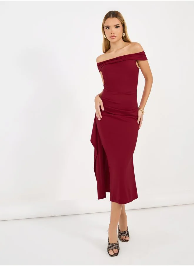 Styli Pleated Side Slit Off Shoulder Bodycon Midi Dress