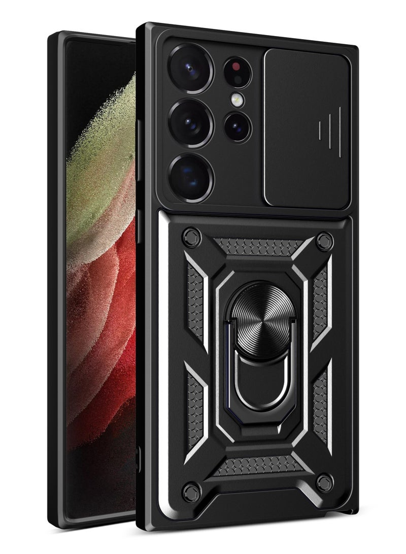 جراب حمايه ويندو مقاوم للصدمات وحمايه للكاميرا مزود بدبله معدنيه متوافق مع Samsung Galaxy S22 Ultra (اسود) - Image 1