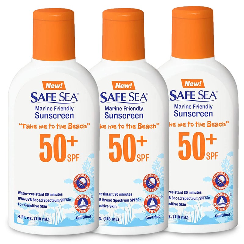 Safe Sea Jellyfish StingBlocking Sunscreen SPF 50 Lotion 4oz Waterproof Biodegradable Coral ReefSafe  Body and Face Sunscreen AntiJellyfish and SeaLice sting protection 4 FL Oz Pack of 3
