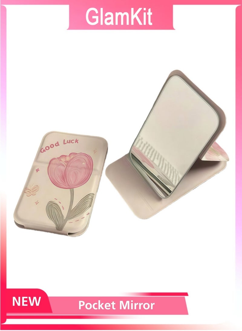 GlamKit Pocket Mirror, Portable Folding Makeup Mirror, Compact Adjustable Small Mirror with Stand for Quick Touch-ups, Travel Handheld Mirror for Women Girls, Mini Mirror Great for Home, Office, Camping (Beige) - Image 1
