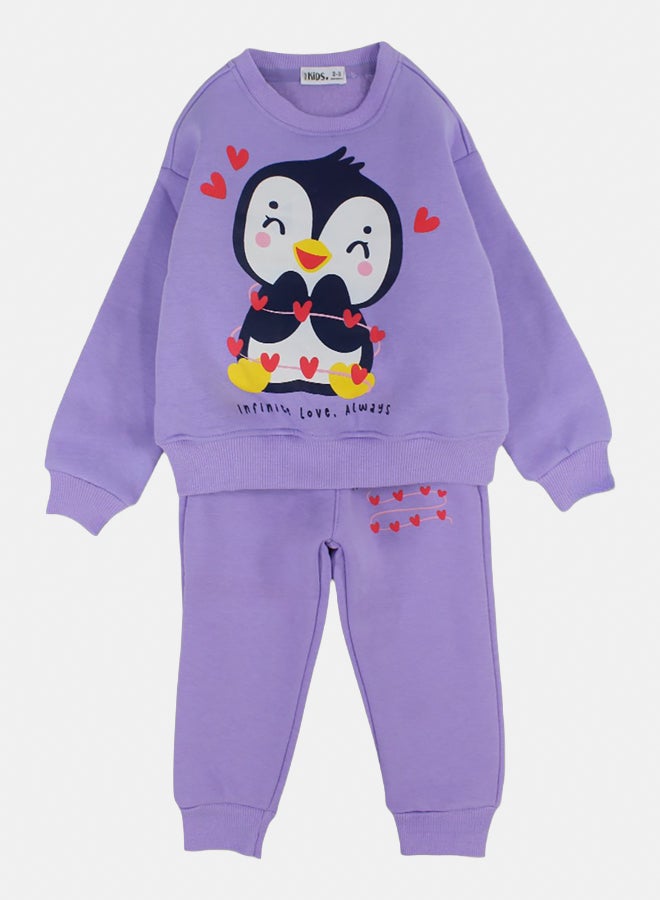 اوركيدز طقم بيجامة قطن للبنات – بنفسجي بطباعة بطريق - Image 1