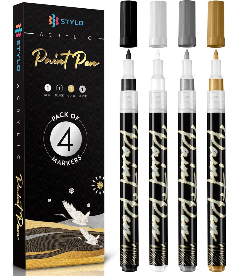 Stylo 4 Count Acrylic Metallic Pens Black Gold Silver And White Paint Pens Fine Tip Permanent Acrylic Metallic Paint Markers for Rock Painting Glass Wood Ideal for Arts and Crafts - Image 3