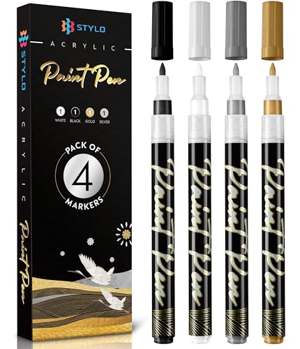Stylo 4 Count Acrylic Metallic Pens Black Gold Silver And White Paint Pens Fine Tip Permanent Acrylic Metallic Paint Markers for Rock Painting Glass Wood Ideal for Arts and Crafts - Image 1