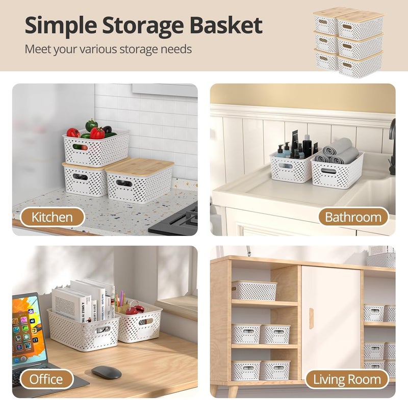 NIUB Plastic Storage Baskets, Plastic Storage Containers, 6pcs Stackable Storage Bins, With Bamboo Lid, for Organizing Shelves Drawers, Desktop Closet, Playroom, Classroom, Office (Twill) - Image 4