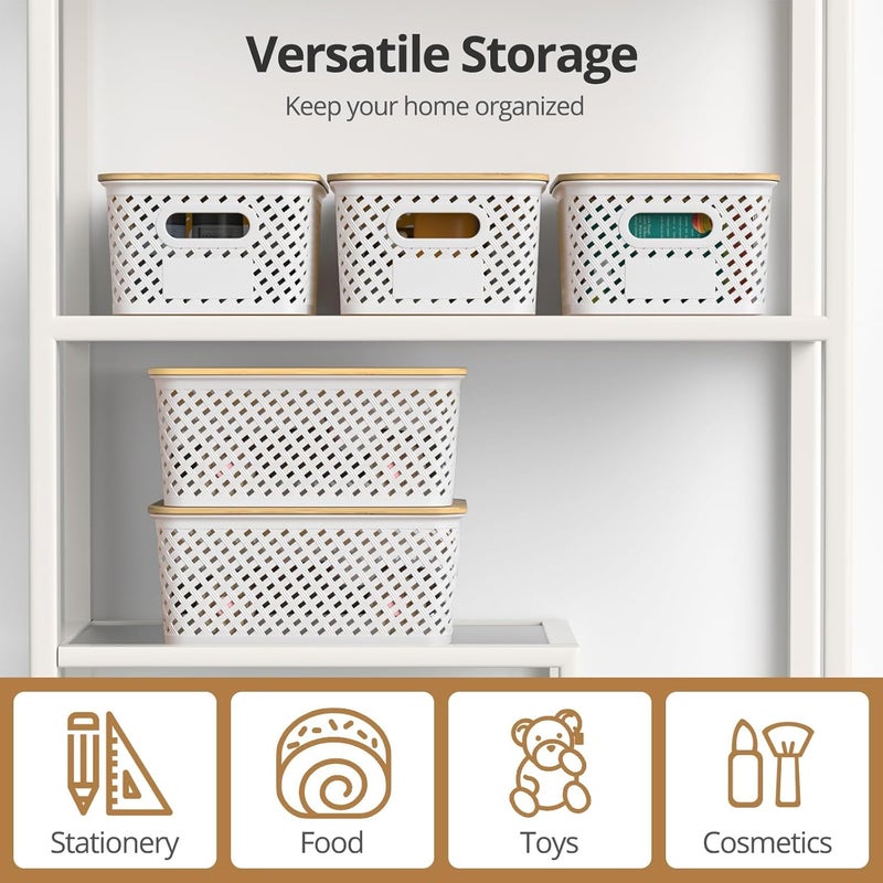 NIUB Plastic Storage Baskets, Plastic Storage Containers, 6pcs Stackable Storage Bins, With Bamboo Lid, for Organizing Shelves Drawers, Desktop Closet, Playroom, Classroom, Office (Twill) - Image 5