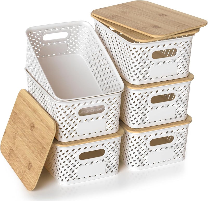 NIUB Plastic Storage Baskets, Plastic Storage Containers, 6pcs Stackable Storage Bins, With Bamboo Lid, for Organizing Shelves Drawers, Desktop Closet, Playroom, Classroom, Office (Twill) - Image 1