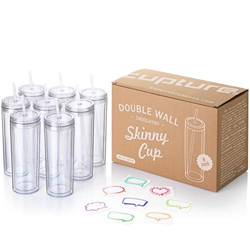 Cupture Skinny Acrylic Tumbler Cups with Straws 18 oz 8 Pack Clear