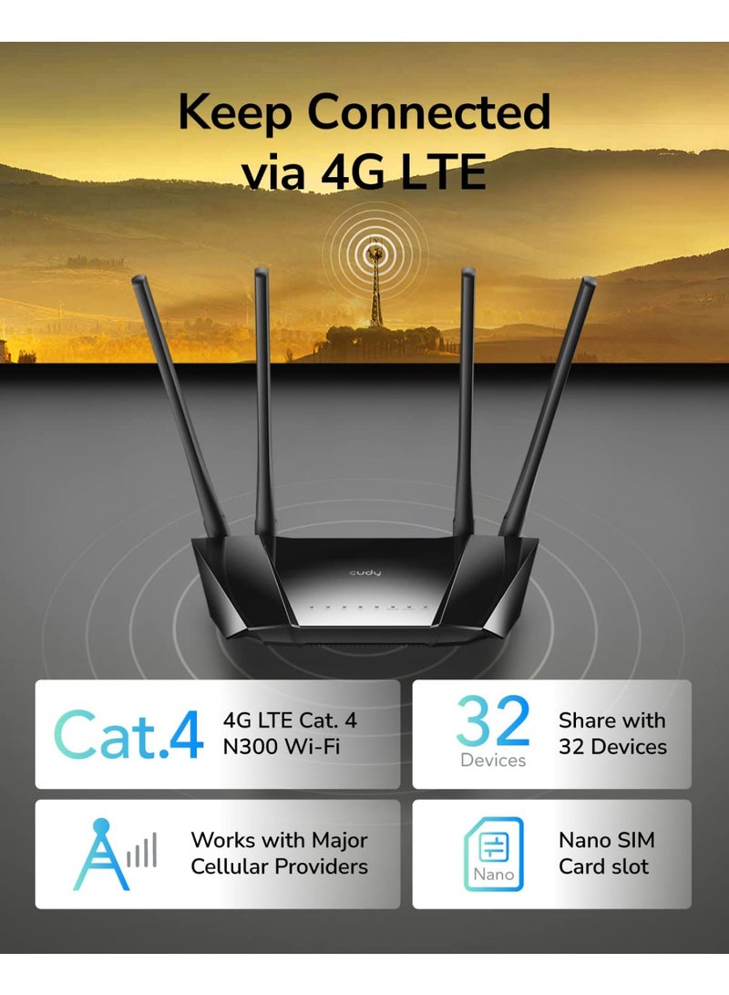 Cudy N300 WiFi Unlocked 4G LTE Modem Router with SIM Card Slot, 300Mbps WiFi, LTE Cat4, EC25-AFX Qualcomm Chipset, 5dBi High Gain Antennas, FDD, DDNS, VPN, Cloudflare, Plug and Play (Cudy LT400) - Image 2