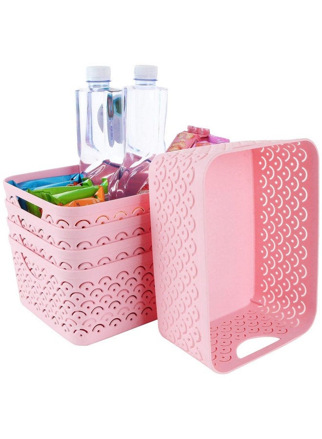 STARVAST 5 Pack Plastic Storage Baskets, Portable Pink Fish Scale Pattern Hollow Desktop Storage Bin Box with Handle for Kitchen, Bathroom, Kids Room or Nursery Storage - 9.4 x 7.1 x 4.1 inches - Image 1