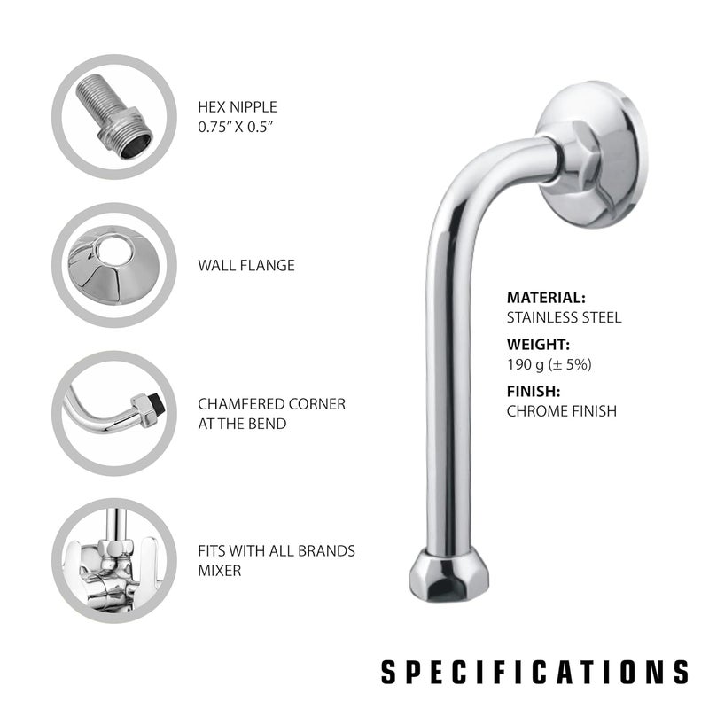Pixaflo Stainless Steel 9 LBend for Wall Mixer 12 X 34 Hex Nipple Compatible for All Types of 2 in 1 and 3 in 1 Wall Mixers - Image 2