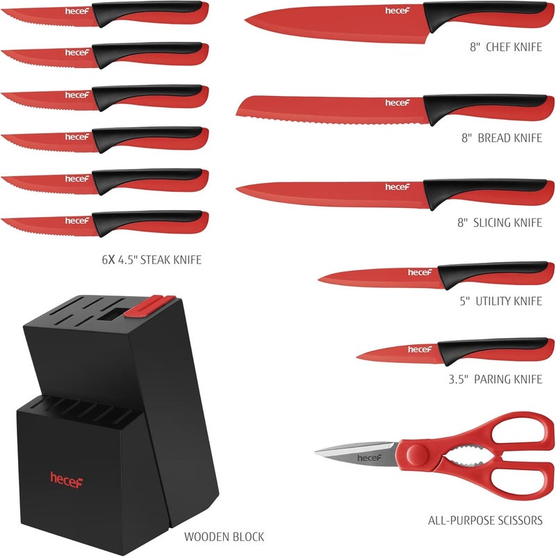 hecef 13 Pieces Kitchen Knife Set with Built-in Sharpening Wooden Block, Dishwasher Safe, High Carbon Stainless Steel Knife Block Set with Steak Knives, Kitchen Scissors, Red - Image 3