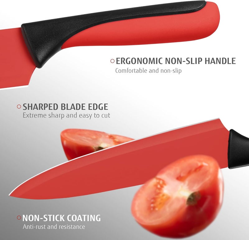 hecef 13 Pieces Kitchen Knife Set with Built-in Sharpening Wooden Block, Dishwasher Safe, High Carbon Stainless Steel Knife Block Set with Steak Knives, Kitchen Scissors, Red - Image 5