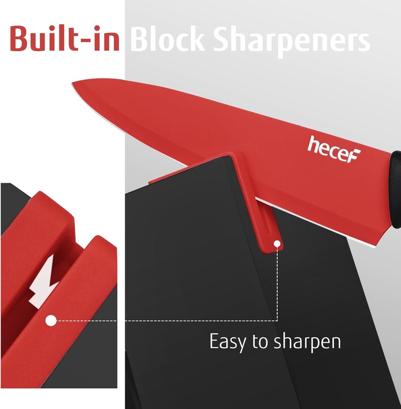 hecef 13 Pieces Kitchen Knife Set with Built-in Sharpening Wooden Block, Dishwasher Safe, High Carbon Stainless Steel Knife Block Set with Steak Knives, Kitchen Scissors, Red - Image 2