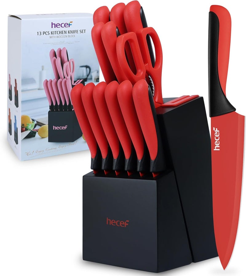 hecef 13 Pieces Kitchen Knife Set with Built-in Sharpening Wooden Block, Dishwasher Safe, High Carbon Stainless Steel Knife Block Set with Steak Knives, Kitchen Scissors, Red - Image 1