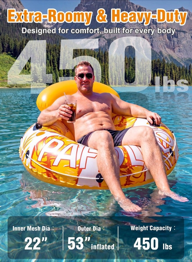 PAFOLO River Tubes for Floating Heavy Duty, 53" Inflatable Pool Floats Adult, Water Tube with Mesh Seat, Full Support Headrest, 2 Cup Holder, 450lb Capacity - Ideal for Pool, River, Lake Float Orange - Image 2