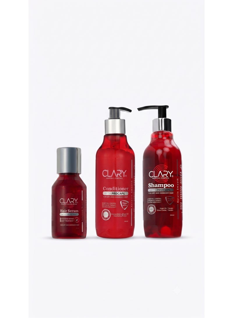 CLARY Hair Fall Control Set - Shampoo 300ml + Conditioner 300ml + Serum 100ml (Pack of 3)