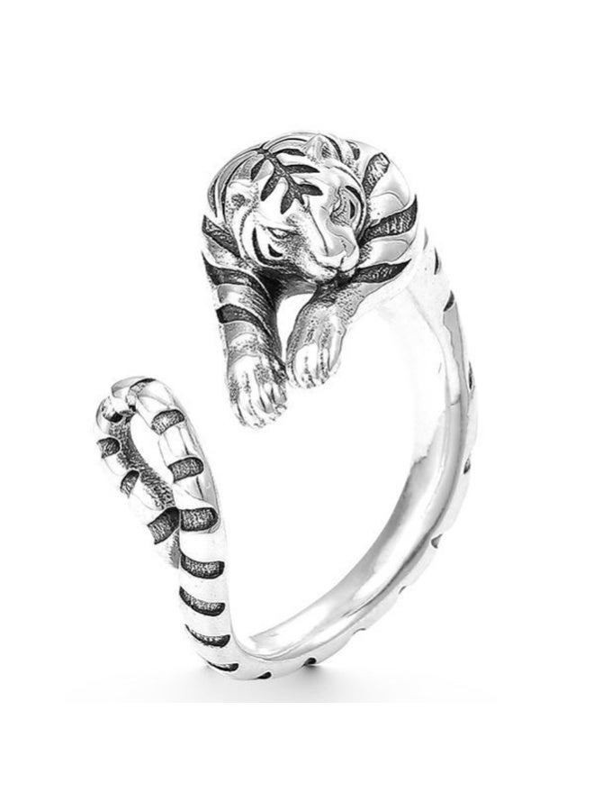 Hiras Elegant Winged Ring Guardian Tiger Ring Thai Silver Craft Adjustable Size for Men