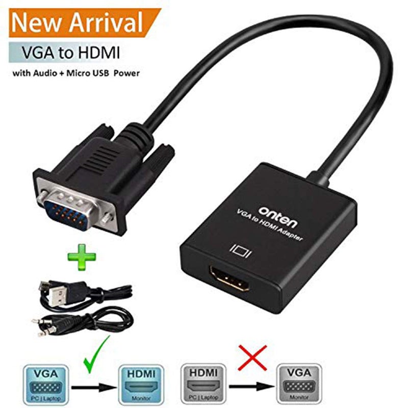 onten محول VGA إلى HDMI، 1080P (ذكر إلى أنثى) للكمبيوتر، سطح المكتب، اللابتوب، PC، الشاشة، البروجيكتور، HDTV مع كابل صوت وكابل USB (1 قطعة) - Image 2
