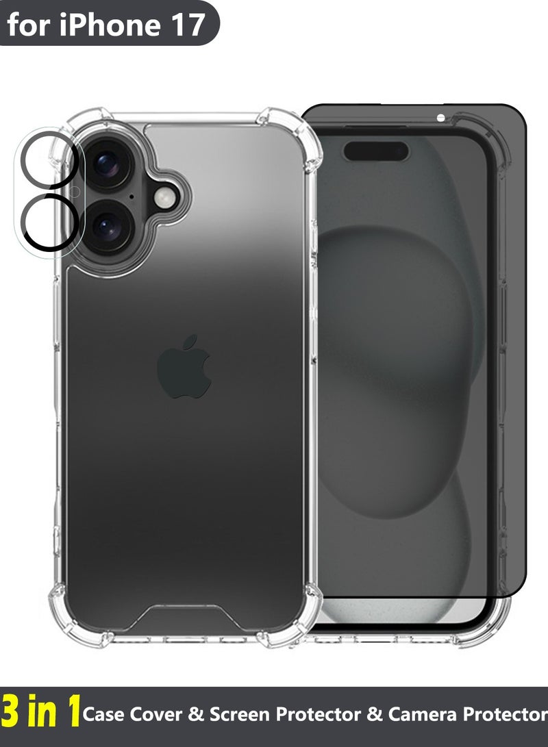 Youque 3 in 1 iPhone 17 Protection Pack, Clear Case with Privacy Screen Protector&Camera Lens, Transparent Slim Fit Anti-Scratch Soft TPU Edge Hard PC Back Cover with Airbag Corners, Clear - Image 1