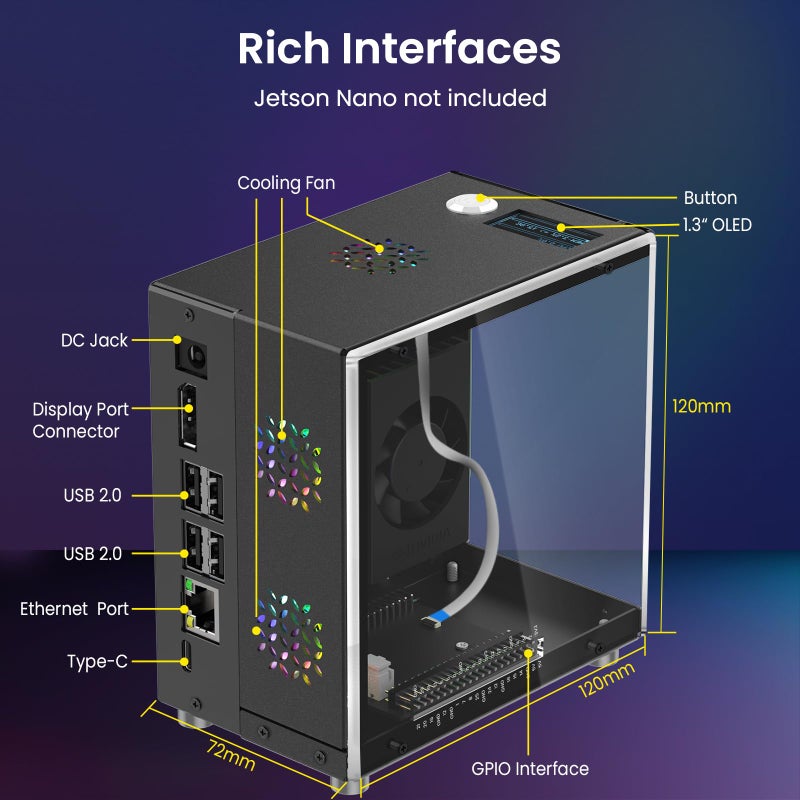Elecrow Mini PC Case for Jetson Orin Nano: Aluminum Case with 1.3" OLED Display, 3 Cooling Fans, RTC, Full Port Access, Compact All-in-One Enclosure (Pitower Gen 1) - Image 4