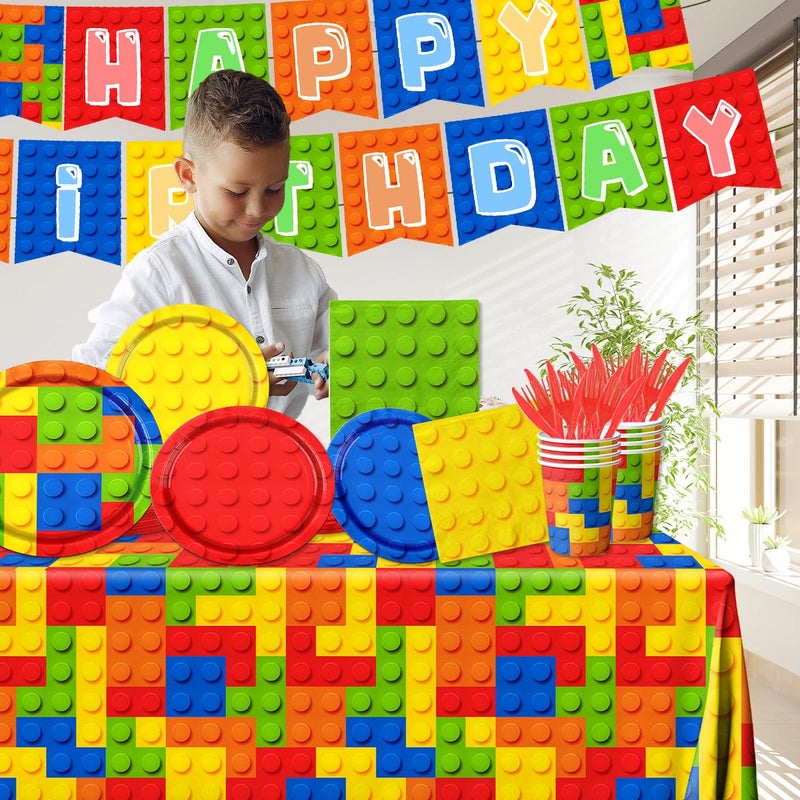 Bezkega Building Block Birthday Party Supplies,143pcs Building Block Tableware Set Colorful Blocks Bricks Plates and Napkins Supplies Include Plates Cups Tablecloth Banner for Building Block Party - Image 4