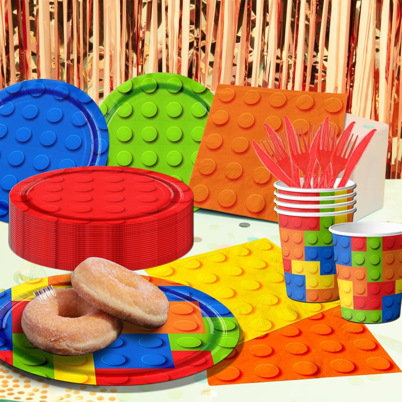 Bezkega Building Block Birthday Party Supplies,143pcs Building Block Tableware Set Colorful Blocks Bricks Plates and Napkins Supplies Include Plates Cups Tablecloth Banner for Building Block Party - Image 5