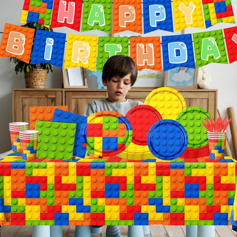 Bezkega Building Block Birthday Party Supplies,143pcs Building Block Tableware Set Colorful Blocks Bricks Plates and Napkins Supplies Include Plates Cups Tablecloth Banner for Building Block Party - Image 2