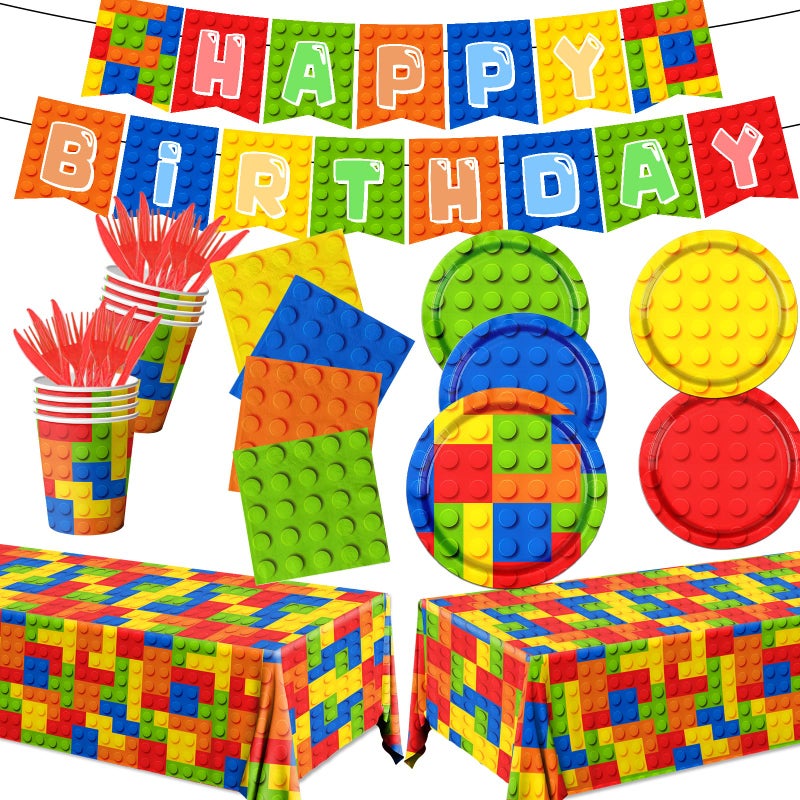 Bezkega Building Block Birthday Party Supplies,143pcs Building Block Tableware Set Colorful Blocks Bricks Plates and Napkins Supplies Include Plates Cups Tablecloth Banner for Building Block Party - Image 1