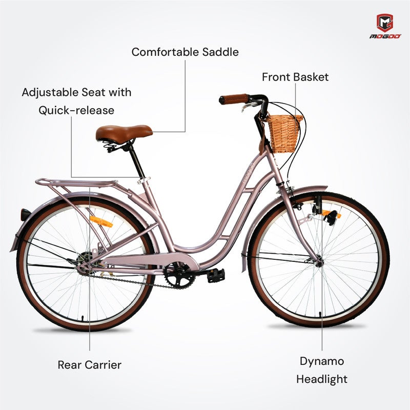 MOGOO Florida Vintage 24-Inch City Bike For Women & Girls | 24 Inch Wheel Sizes | Simple Single-Speed Drivetrain | Durable Steel Step-Through Frame with Front Wicker Basket | Rear Carrier & Dynamo Headlight - Lavender - Image 5