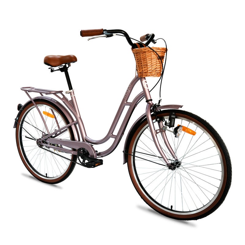 MOGOO Florida Vintage 24-Inch City Bike For Women & Girls | 24 Inch Wheel Sizes | Simple Single-Speed Drivetrain | Durable Steel Step-Through Frame with Front Wicker Basket | Rear Carrier & Dynamo Headlight - Lavender - Image 2