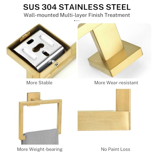 Kiakuoow 2Piece Brushed Gold Towel RingSquare Hand Towel HolderStainless Steel Modern Towel Holder WallMounted Bathroom Towel Ring Towel Rack - Image 3