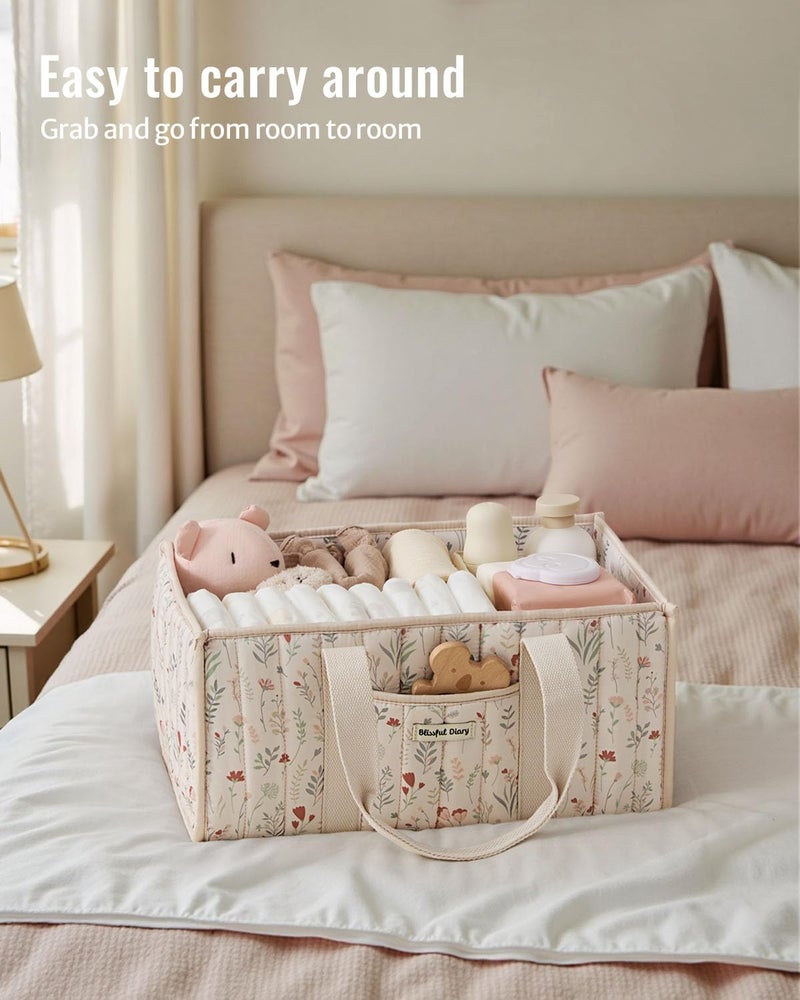 Blissful Diary Floral Diaper Caddy Organizer Stylish Nursery Storage Basket Gift for Baby Shower Newborn Essentials Floral Beige - Image 4