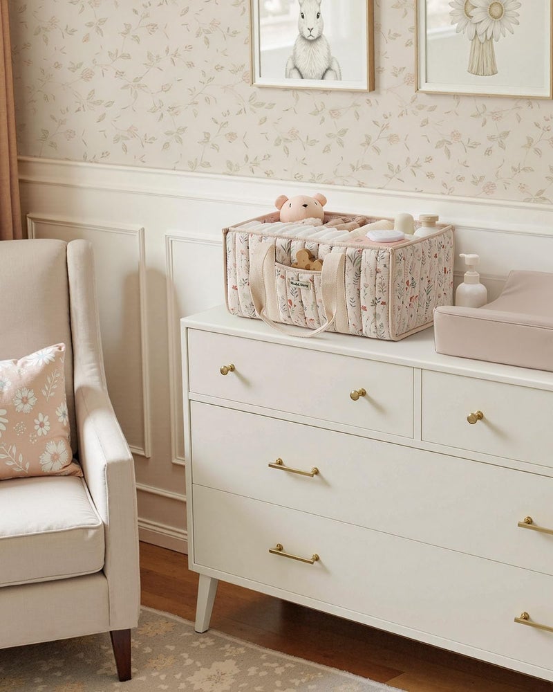 Blissful Diary Floral Diaper Caddy Organizer Stylish Nursery Storage Basket Gift for Baby Shower Newborn Essentials Floral Beige - Image 5